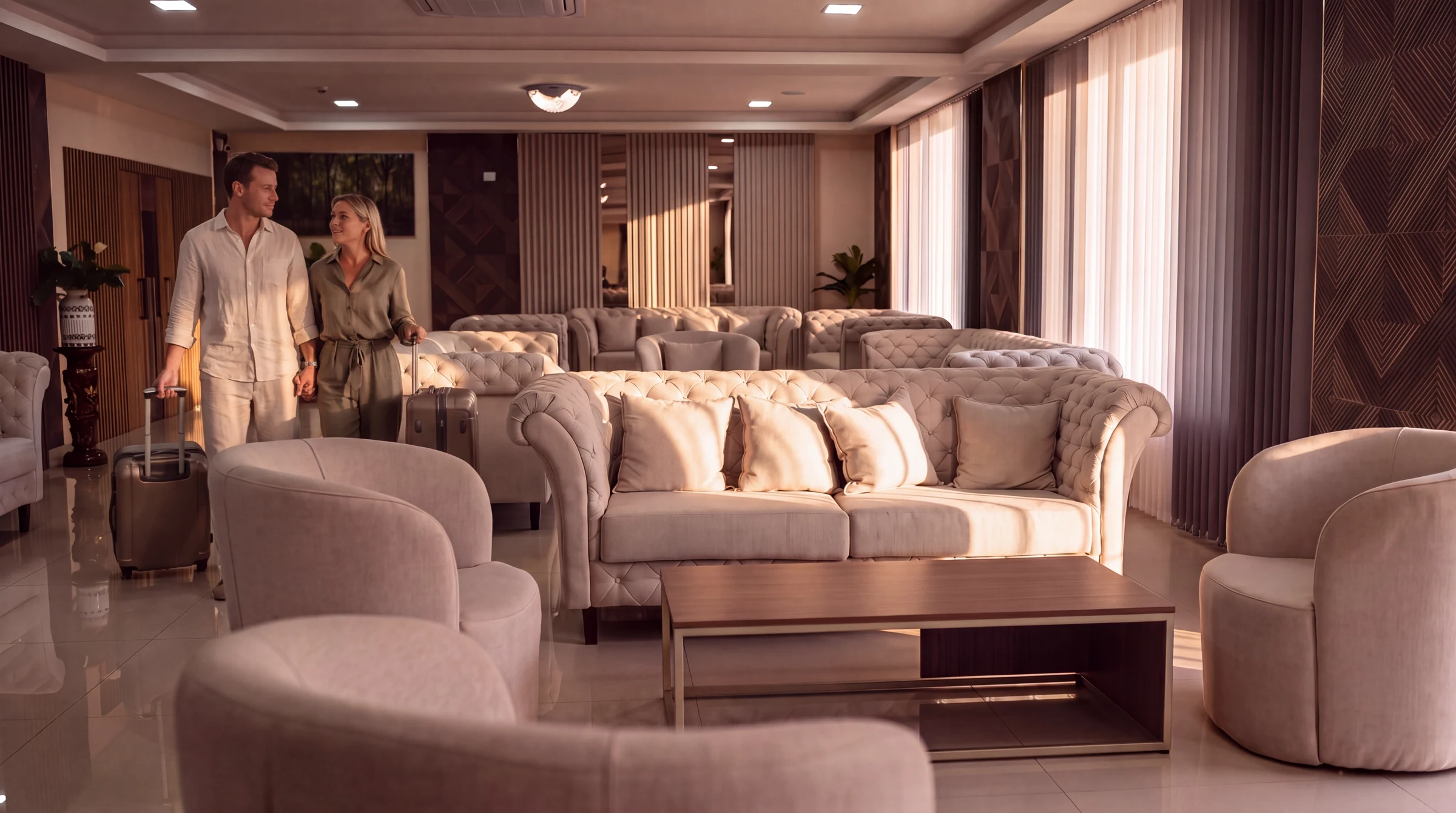 Salón de Liebling Hotel, con sofás claros y luz natural